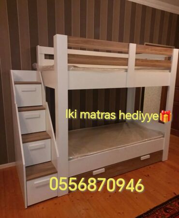 İkimərtəbəli uşaq çarpayıları: Oğlan və qız üçün, Yeni, Çarpayı, Matras ilə, Siyirməli, Laminat — 12