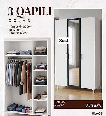 geyim dolabi: 3 qapılı geyim dolabı Ölçülər: - Hündürlük: 200 sm - En: 120 sm - — 1