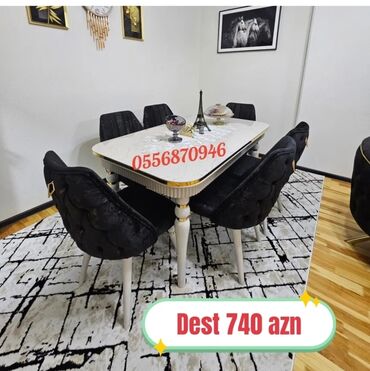 Masa və oturacaq dəstləri: Qonaq otağı üçün, Yeni, Açılmayan, Dördbucaq masa, 6 stul — 3