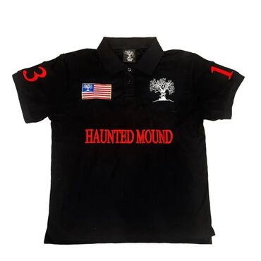 мужская черная рубашка без воротника: 👕 Поло Haunted Mound | Чёрно-красное | Новое Размер: примерно на рост
