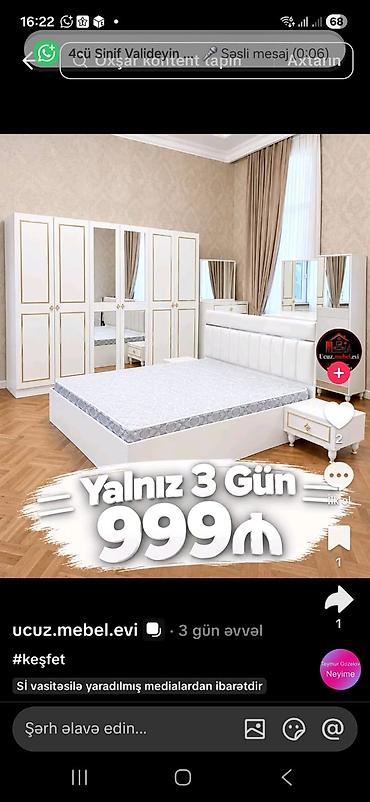 Yataq otağı mebel dəsti Tərkibi: - 2 nəfərlik çarpayı (yumşaq