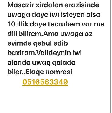 Masazır–Xırdalan ərazisində uşaq baxımı xidməti. 10 illik dayə