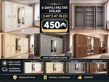 Yeni, 6 qapı, Güzgülü, Rəngli, Taxta, Açılan, Düz dolab