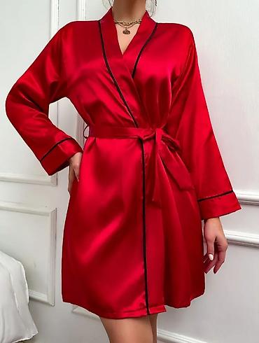Sateni ženski kimono ogrtač – crvena boja - Materijal: glatki, sjajni