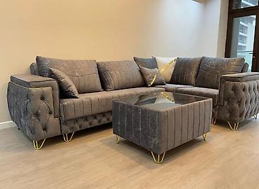 Modern bəzəkli L‑formal dəst: künc divan + jurnal masası - Rəng: tünd