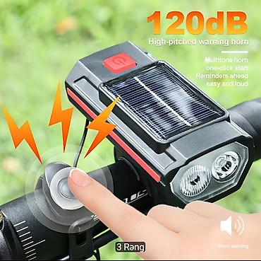 Velosiped aksesuarları: Velosiped üçün günəş paneli ilə ön fara + 120 dB siqnal + arxa fənər — 5