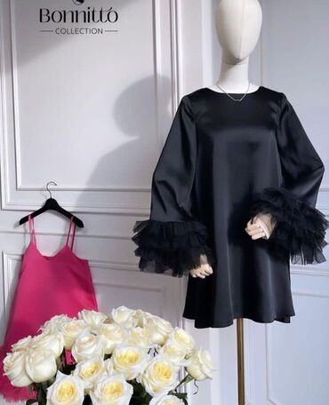 черное короткое вечернее платье: Кече көйнөгү, Кыска модель, Атлас, Жеңдери менен, XS (EU 34), S (EU 36)
