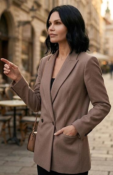 Ženski blejzer – dvoredni, elegantan kroj - Boja: topla srednje braon