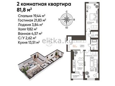 Продажа квартир: 2 комнаты, 82 м², Элитка, 8 этаж, ПСО (под самоотделку)