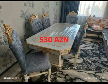 Masa və oturacaq dəstləri: Qonaq otağı üçün, Yeni, Açılan, Dördbucaq masa, 6 stul — 26