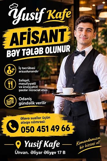 Ofisiant tələb olunur, Kafe, Gündəlik ödəniş, Təcrübəsiz