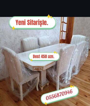 Masa və oturacaq dəstləri: Qonaq otağı üçün, Yeni, Açılmayan, Dördbucaq masa, 6 stul — 21