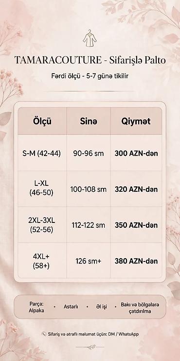 Xidmətlər: TAMARACOUTURE – Sifarişlə Palto Fərdi ölçü ilə tikilir, 5–7 gün — 1