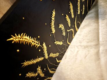 Şəkillər, tablolar: Əl işim "Sünbüllər" dekorativ tablo – qara fon üzərində qızılı sünbül — 5