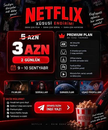Netflix Premium plan Xidmətin məzmunu: - 4K Ultra HD keyfiyyət - Eyni lalafo.az -da Netflix Premium plan Xidmətin məzmunu: - 4K Ultra HD keyfiyyət - Eyni