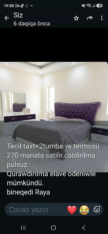 Yataq otağı dəsti: - Taxt - 2 tumbə - Termos Xüsusiyyətlər: - Başlıq
