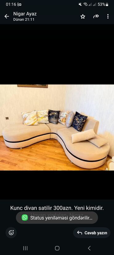 Qonaq otağı dəstləri: Kunc divan satilir 300azn. Yeni kimidir. Unvan xirdalan Nigaz