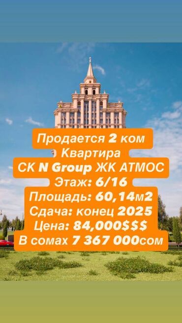 цены на недвижимость в бишкеке 2023: 2 бөлмө, 60 кв. м, Элитка, 6 кабат, ПСО (өзү оңдоп түзөтүп бүтүү үчүн)