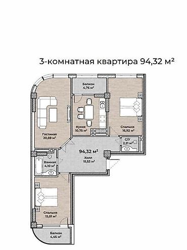 Продажа квартир: 3 комнаты, 94 м², Кок-Жар ж/м Элитка, 12 этаж, ПСО (под самоотделку) — 2