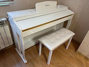 Клавишные инструменты: Rəqəmsal pianino – ağ korpus, qızılı dekor xətti ilə. Ön paneldə — 6