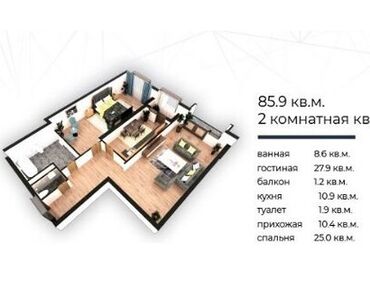 панорама дом продажа: 2 комнаты, 86 м², Элитка, 9 этаж, ПСО (под самоотделку)
