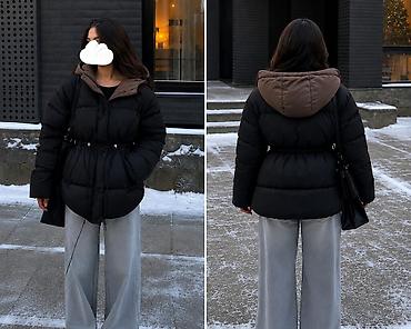 soft shell: Пуховик, По колено, С капюшоном, Приталенная модель, L — 1