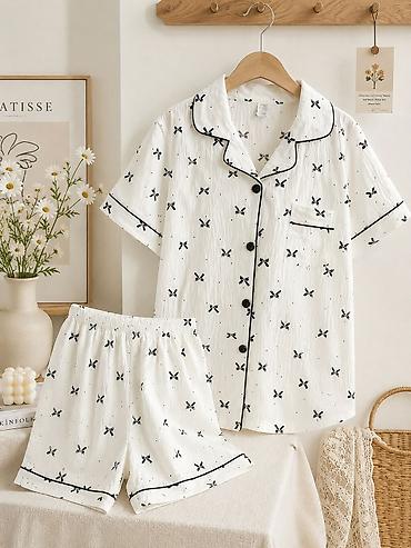 gecə alt geyimləri: Qadınlar üçün yay pijama dəsti - 2 hissə: qısaqol köynək + şort - — 1