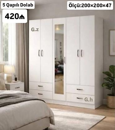 paltar asma: 5 qapılı paltar dolabı - Ölçü: 200 × 200 × 47 sm - Rəng: ağ - Ön — 1