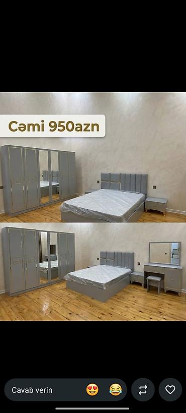 Yataq otağı mebel dəsti – zərif boz rəngdə, qızılı dekor xətləri ilə