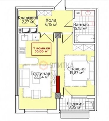 готовые квартиры от застройщика бишкек: 1 комната, 55 м², Элитка, 6 этаж, ПСО (под самоотделку)
