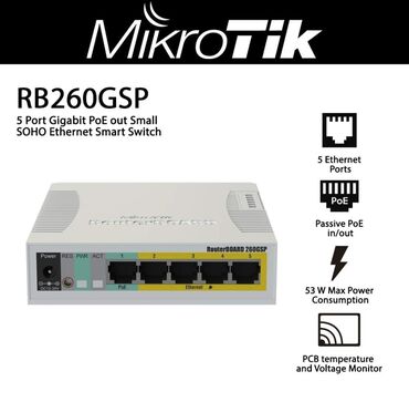 Modemlər və şəbəkə avadanlıqları: RB260GSP 5x Gigabit PoE çıxışlı Ethernet, SFP giriş, əməliyyat sistemi