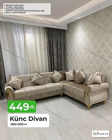 Divanlar: Künc Divan – 280×200 sm - Mexanizm: Açılan, bazalı (yuxarıdan anbarlı — 1