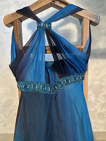 yves saint: Vintage Yves Calin embellished mesh maxi dress in deep ocean blue — 3