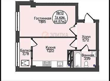 студия 1 комната: 1 комната, 45 м², Арча-Бешик ж/м Элитка, 6 этаж, ПСО (под самоотделку) — 2
