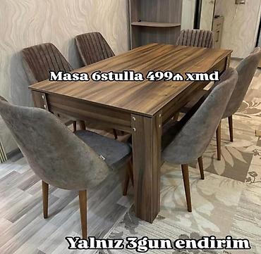 islenmis mebel satisi: Taxta yemək masası dəsti – 6 stulla birlikdə. - Təbii ağac görünüşlü — 1