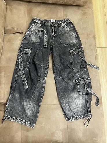 Kişi geyimləri: Unisex geniş kəsimli cargo cins şalvar - Rəng: tünd yuyulmuş/acid — 1