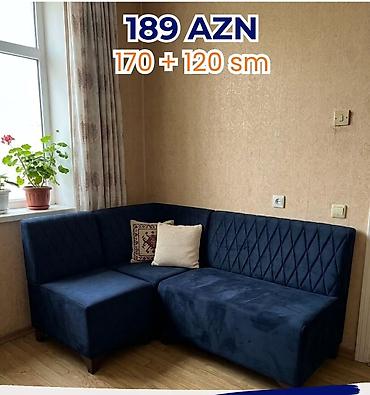 divan taxt: Künc divan – tünd mavi rəngdə, məxməri/parça üzlüklü. Sadə və zərif — 1
