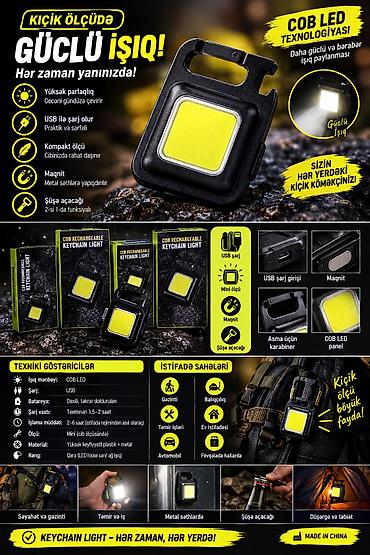 Брелоки: COB LED açarlı mini fənər – kiçik ölçüdə güclü işıq! Xüsusiyyətlər - — 1