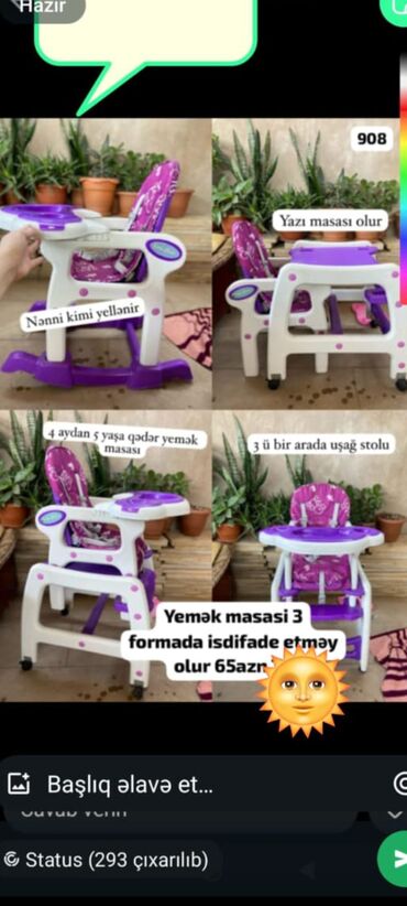 Manejlər: Bənövşəyi rəngdə, 3-ü 1-də funksiyalı uşaq yemək stolu təklif olunur