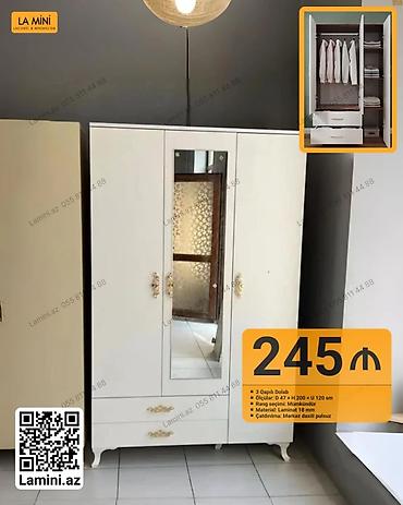 Mebel: 3 qapılı dolab – klassik dizayn, güzgülü orta qapı və qızılı dekorativ — 1