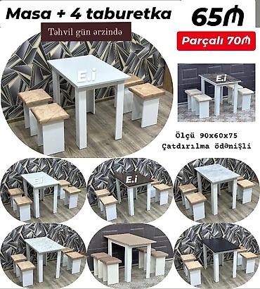 masa desti islenmis: Məhsul: Masa + 4 taburetka dəsti - Ölçü: 90×60×75 sm - Rəng — 1