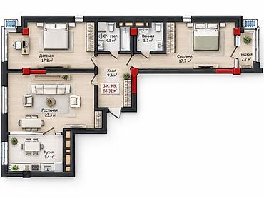 kut center: 3 комнаты, 90 м², Элитка, 2 этаж, ПСО (под самоотделку) — 1