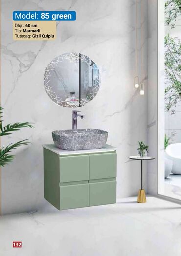 Лакокрасочные материалы: Yaşıl rəngli, mərmərli lavabo ilə təchiz edilmiş, gizli qulplu, 60 sm