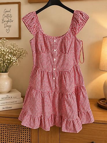 haljina lan: Letnja haljina na tufne/kockice (gingham) u crveno-beloj kombinaciji — 1