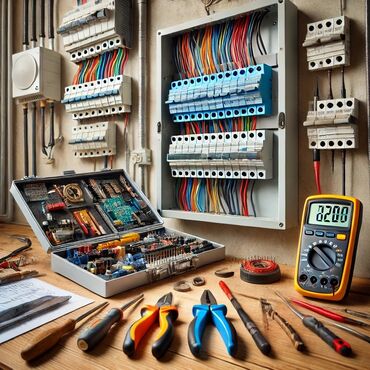 kohne qapi: Elektrik xətlərinin çəkilməsi şit və avtamatlarin yigilması razetka