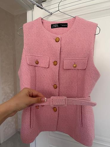 kətan şalvarlar: ZARA qadın jileti – tweed fakturalı, açıq çəhrayı rəng. - Model — 1
