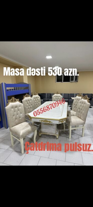 Masa və oturacaq dəstləri: Qonaq otağı üçün, Yeni, Açılmayan, Dördbucaq masa, 6 stul — 25