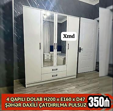 4 qapılı paltar dolabı – ağ rəngdə, müasir dizayn. Ölçülər: H200 x