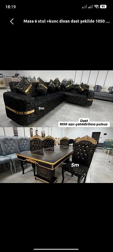 divan masa: Künc divan + masa və 6 stuldan ibarət dəst - Klassik qara-qızılı — 1