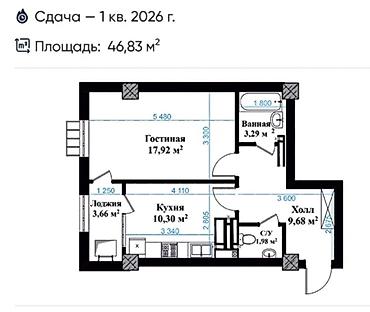 Продажа квартир: 1 комната, 46 м², Элитка, 7 этаж, Готовая ПСО (под самоотделку) — 3